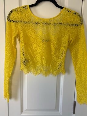 bebe Yellow Floral Lace Long Sleeve Crop Top S/P Y2K Coquette